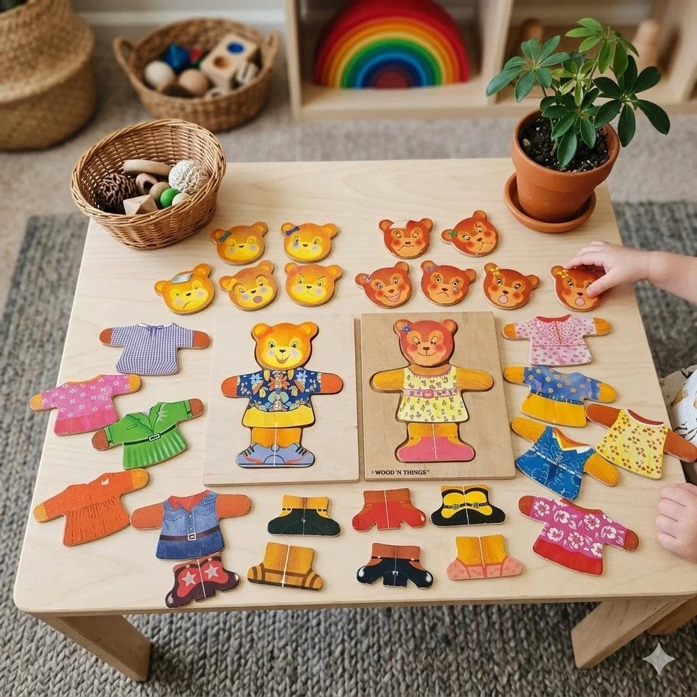 Vintage Wood N Things Dress Up Bear Puzzle Set Mix Match Montessori Toy Lot